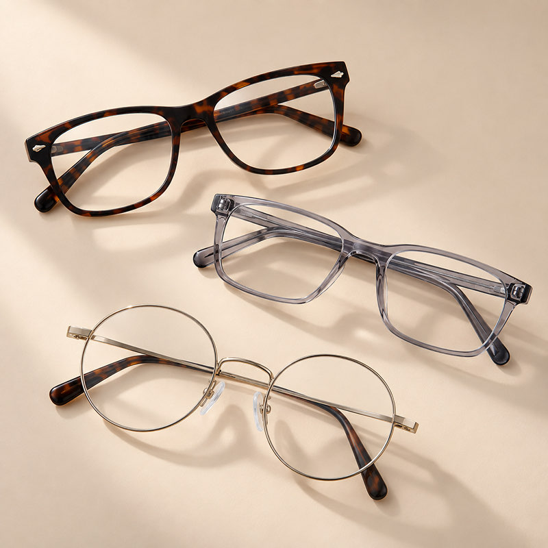 A selection of prescription glasses — tortoiseshell, clear acetate and round metal frames