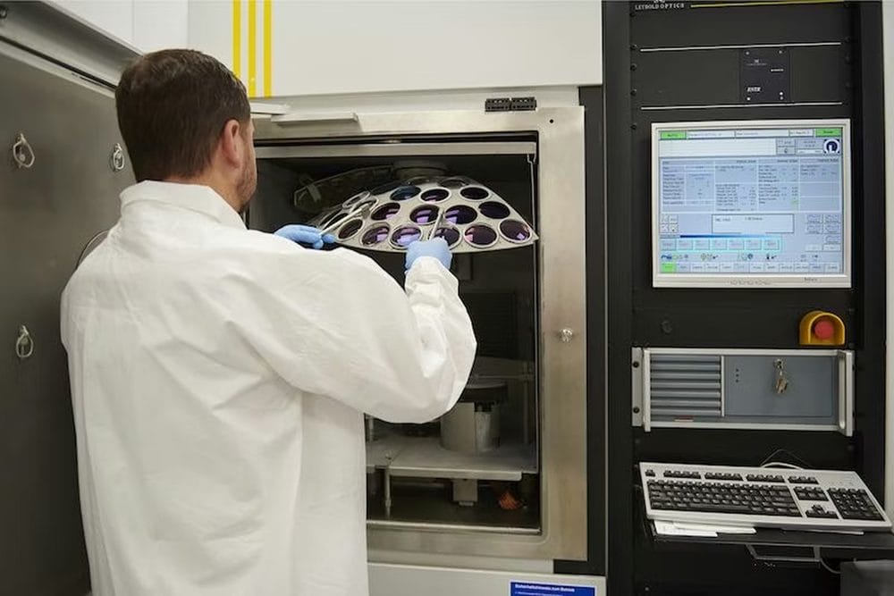 Anti-reflective and scratch-resistant coatings being applied to lenses in the Direct Sight lab