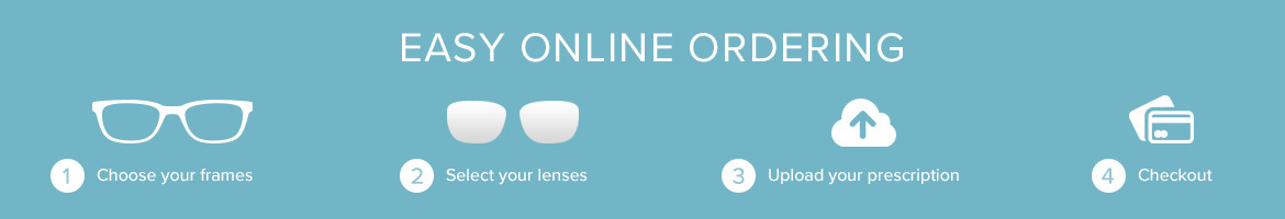 Easy online ordering: 1. Choose your frames, 2. Select your lenses, 3. Upload your prescription, 4. Checkout